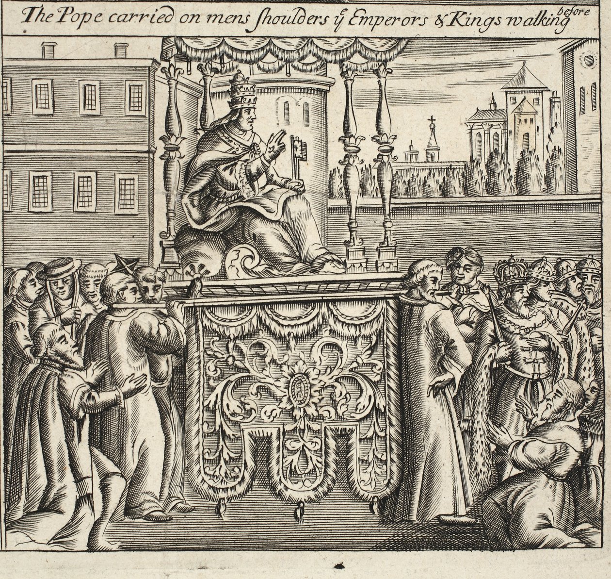 Påven bar på mans axlar, ni kejsare och kungar som går före, illustration från Acts and Monuments av John Foxe, nionde upplagan, pub. 1684 av English School