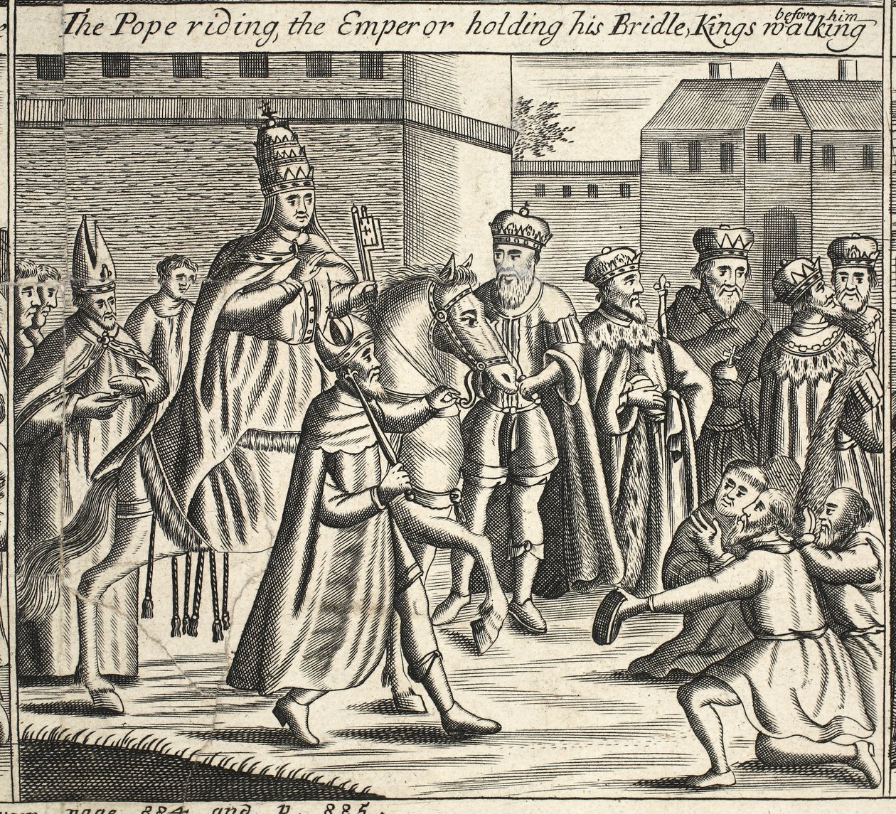 Påven rider, kejsaren håller sitt träns, kungar som går framför honom, illustration från Acts and Monuments av John Foxe, nionde upplagan, pub. 1684 av English School