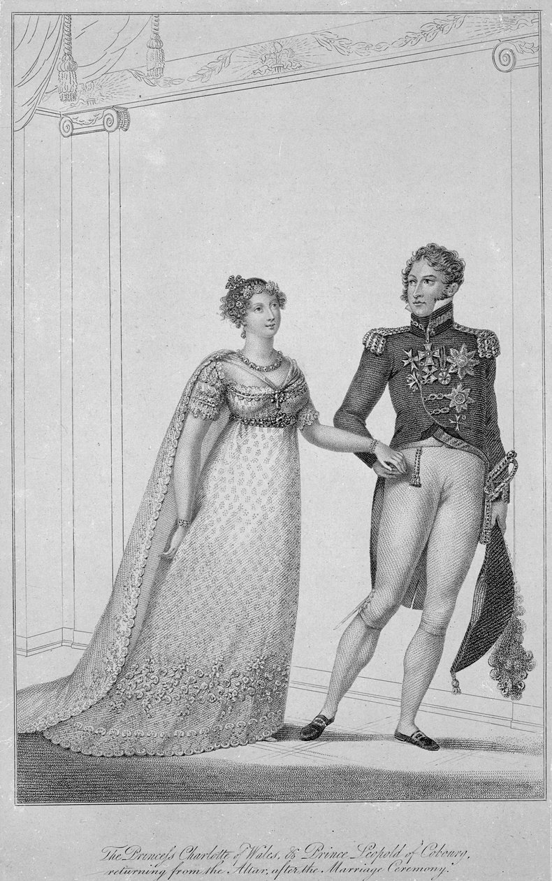 Prinsessan Charlotte av Wales och prins Leopold av Cobourg återvänder från altaret efter vigselceremonin, 1816 av English School