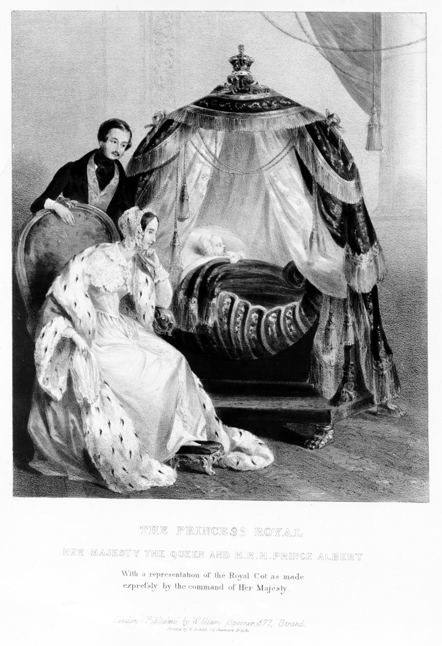 Prinsessan Royal, Hennes Majestät Drottningen och HKH Prins Albert, med den kungliga barnsängen, ca 1840 av English School