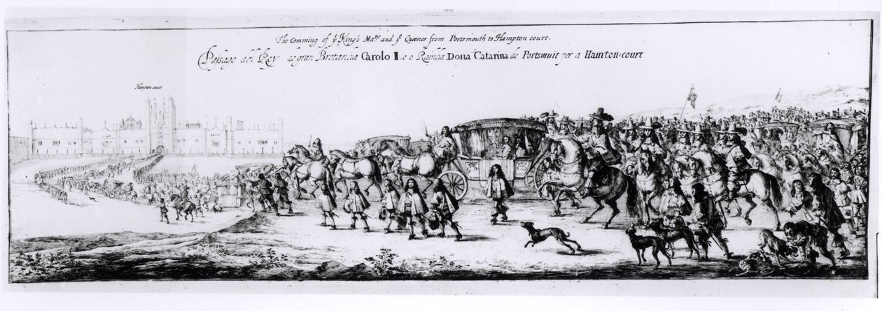 Processionen av Charles II (1630-85) och hans nya drottning, Katarina av Braganza (1638-1705) från Portsmouth till Hampton Court, 1662 av English School