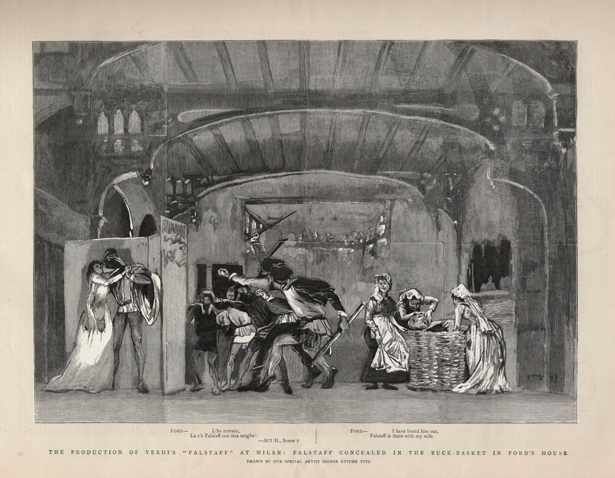 Produktionen av Giuseppe Verdis "" Falstaff"" i Milano, Falstaff gömd i Buck-Basket i Fords hus. Illustration för The Graphic av English School