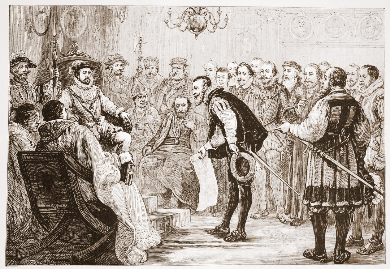 De protestantiska prinsarna presenterar sin bekännelse för Charles, illustration från The History of Protestantism av James Aitken Wylie (1808-1890), pub. 1878 av English School
