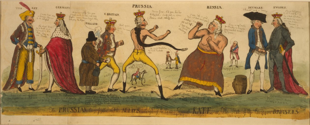 Den preussiske priskämpen och hans allierade försöker tämja kejserliga Kate, eller de europeiska bursiers tillstånd, 1791 (handfärgad etsning) av English School