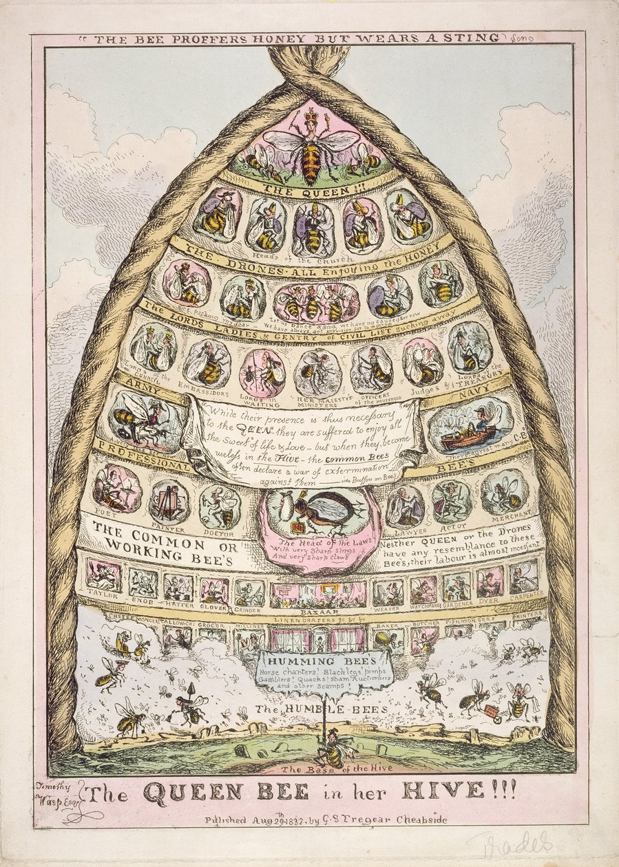 "The Queen Bee in her Hive", en allegori över brittisk social hierarki, publicerad av G.S. Tregear av English School