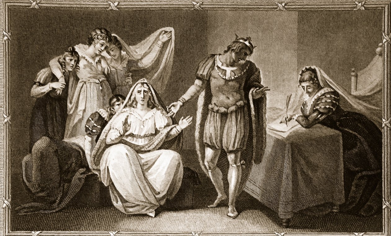 Äkedrottningen sätter sig själv och sina döttrar under skydd av Richard III, illustration från David Humes The History of England, pub. av R. Bowyer, London, 1812 av English School
