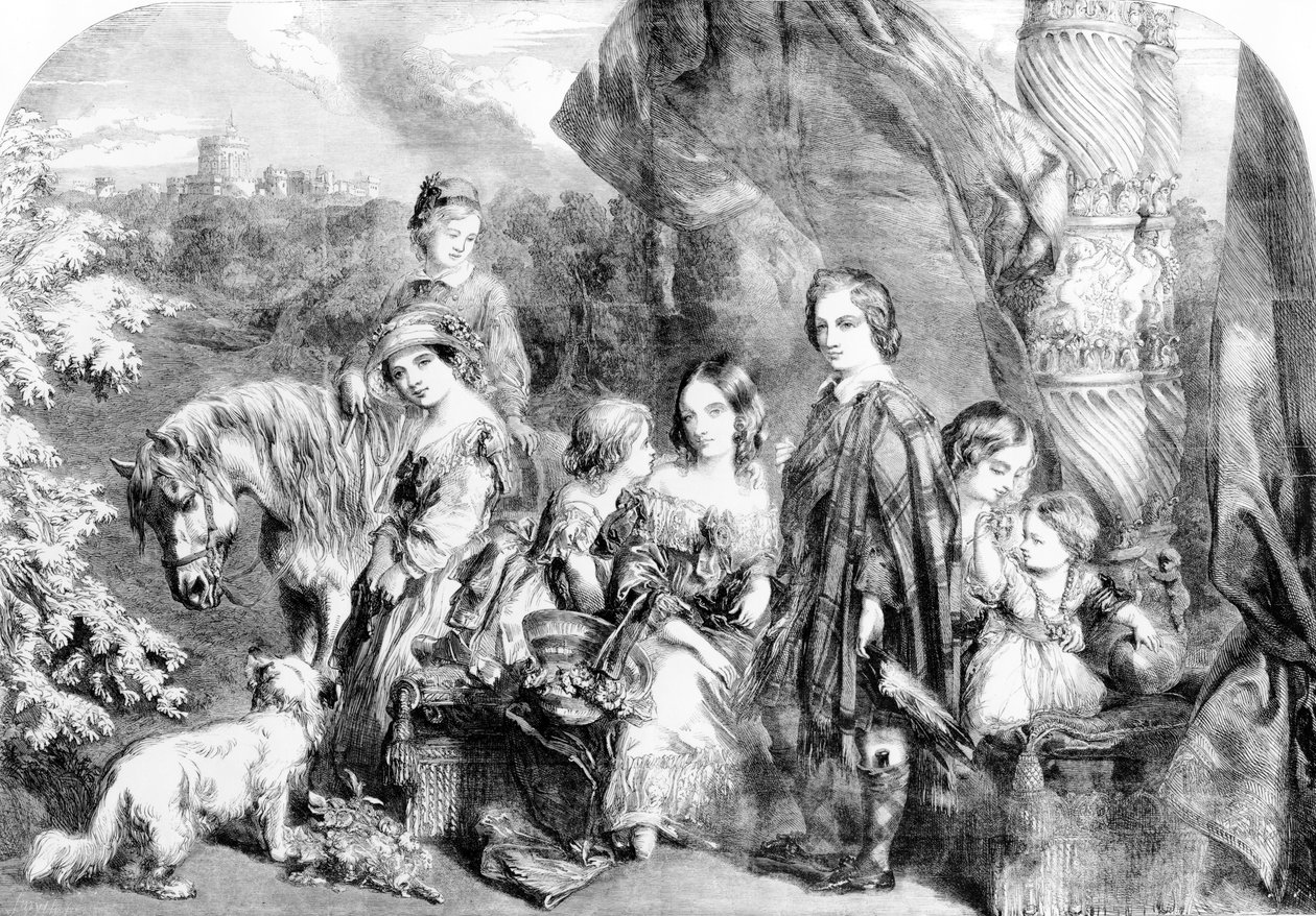 Drottningen och hennes barn i Windsor Great Park, från "Illustrated London News", 1852 av English School