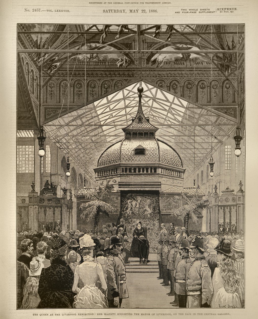The Queen at the Liverpool Exhibition: Her Majesty Knighting the Mayor of Liverpool on the Dais in the Central Gallery, från The Illustrated London News, 22 maj 1886 av English School