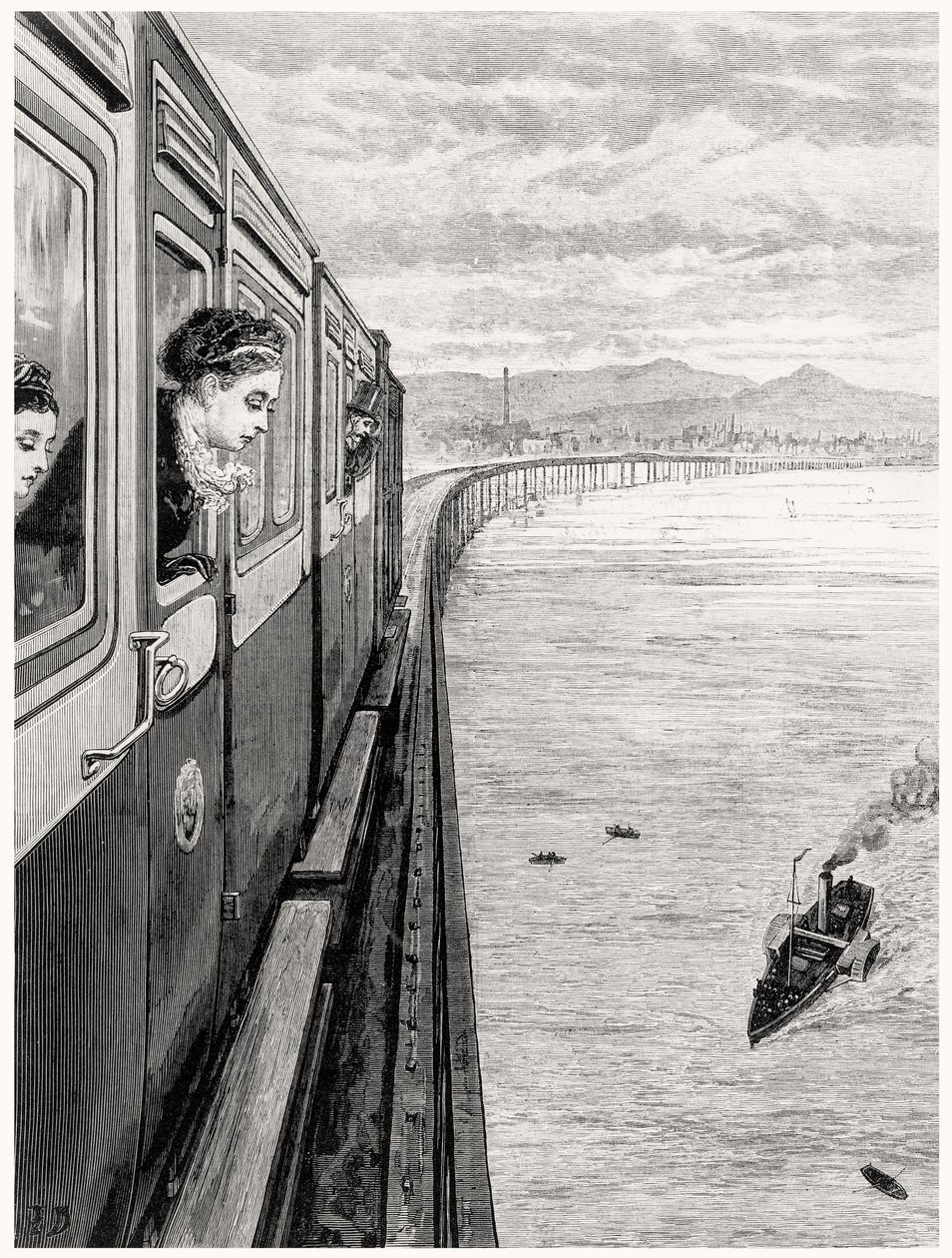 Drottningens återkomst från högländerna; Hennes Majestät korsar Tay Bridge, Dundee av English School