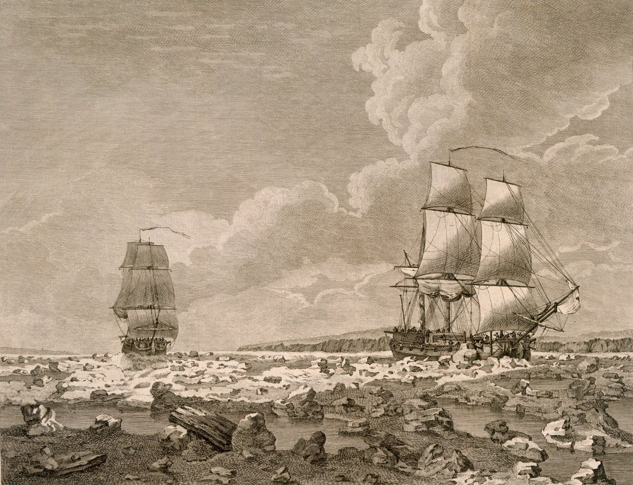 Tävlingshästen och kadaveret tvingade genom isen, 10 augusti 1773, från A Voyage Toward the North Pole Undertaken by His Majestys Command 1773, publicerad London 1774 av English School