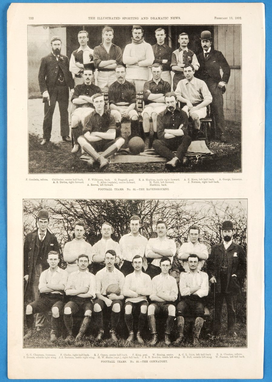 The Ravensbourne och The Connaught, fotbollslag med i The Illustrated Sporting and Dramatic News, 13 februari 1892 av English School