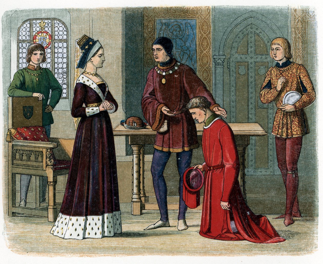 The Reconciliation of Richard Neville, Earl of Warwick, with Margaret of Anjou, illustration från "A Chronicle of England" av James Doyle av English School