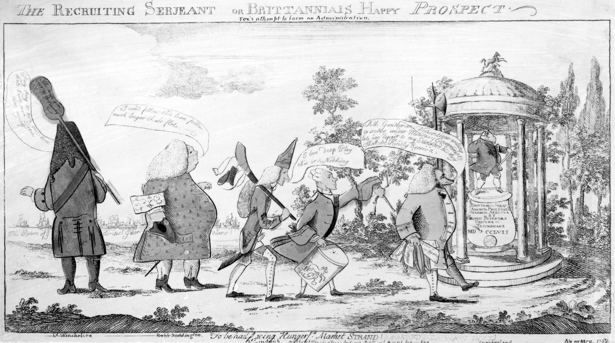 The Recruiting Sergeant or Britannia Happy Prospect, tryck gjord av George Townshend, 1757 av English School