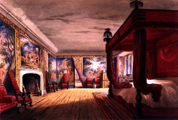 Det röda rummet, Cotehele House, ca 1830-40 (färglitografi) av English School