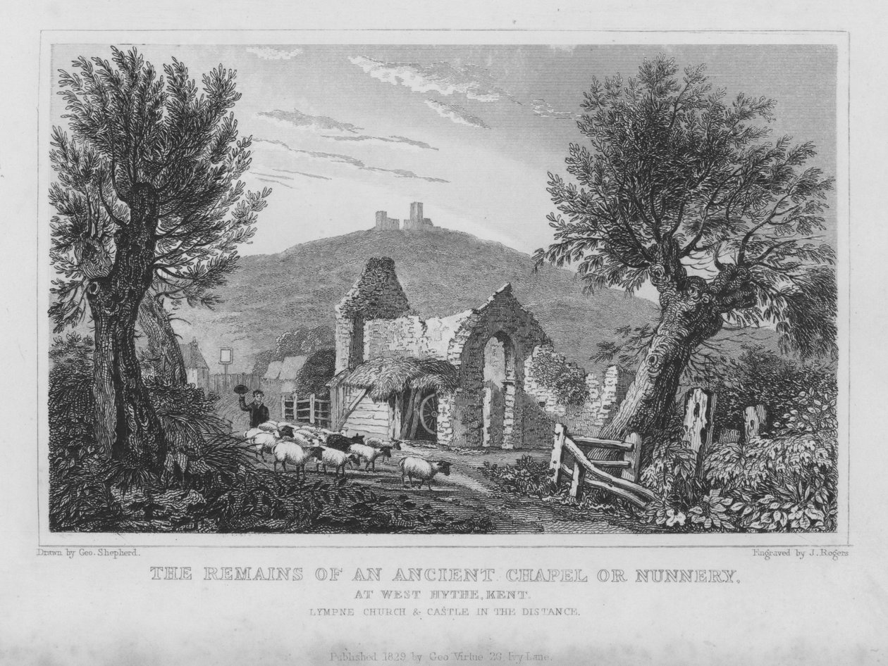 Resterna av ett gammalt kapell eller kloster i West Hythe, Kent (gravyr) av English School