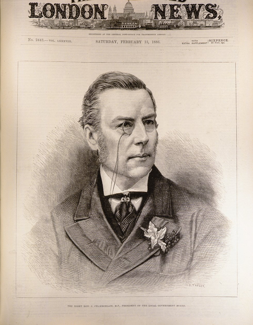 Joseph Chamberlain (1836-1914), parlamentsledamot, ordförande för Local Government Board, ur "The Illustrated London News", 13 februari 1886. av English School