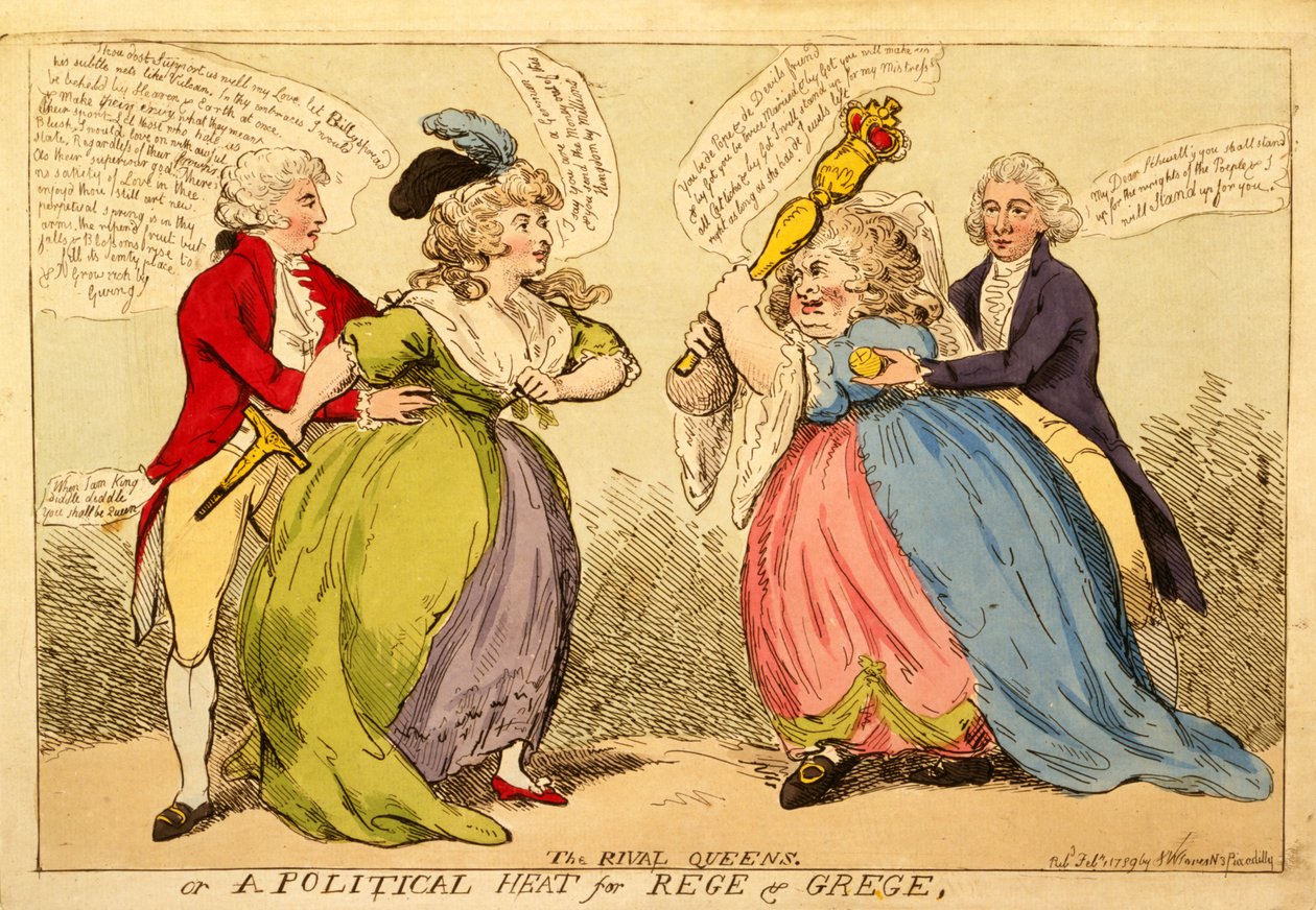The Rival Queens or a Political Heat for Rege and Grege, 1789 (handfärgad gravyr) av English School
