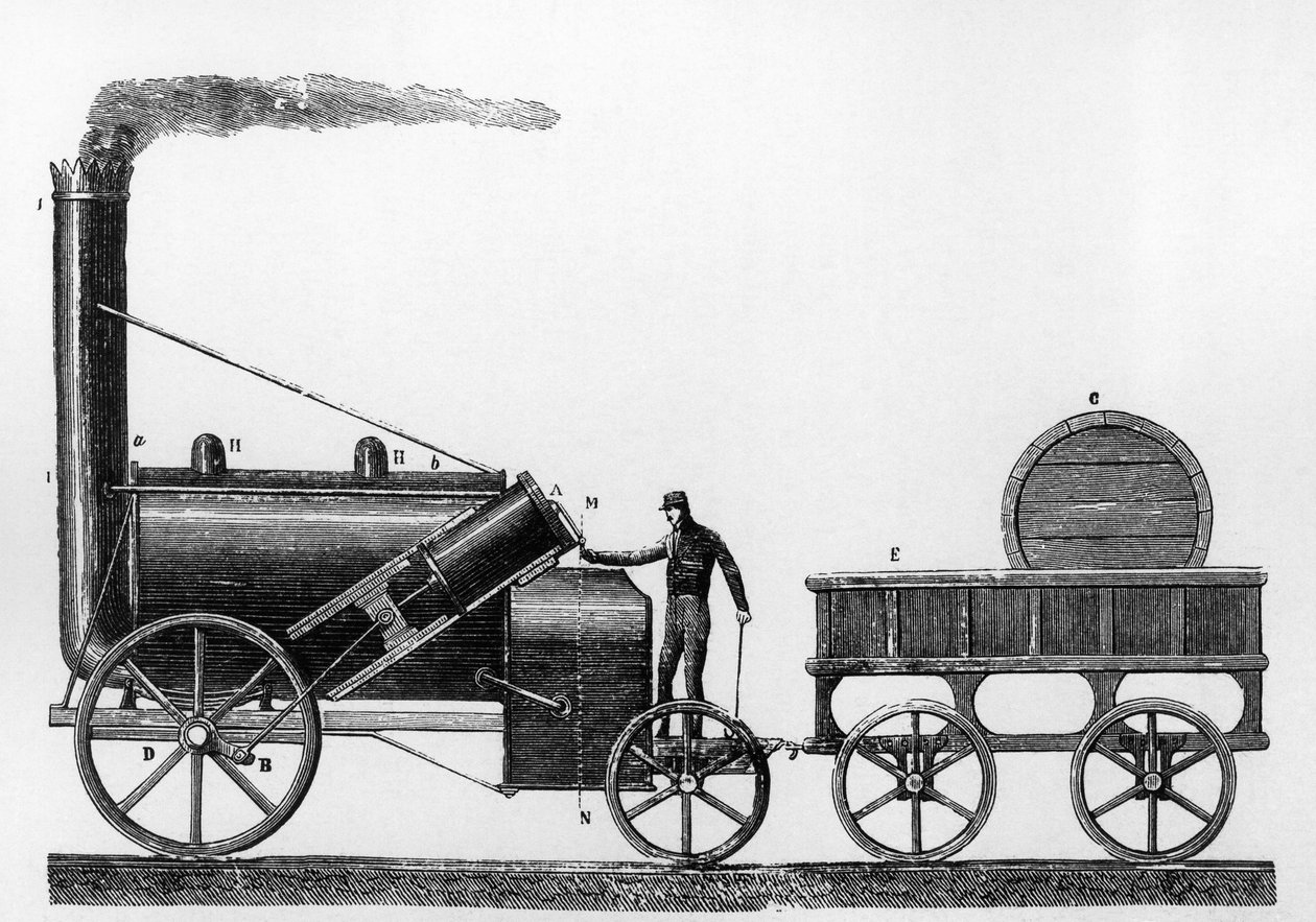 The Rocket, ånglok designad och byggd av George och Robert Stephenson 1829 för Liverpool-Manchester järnvägen (gravyr) av English School