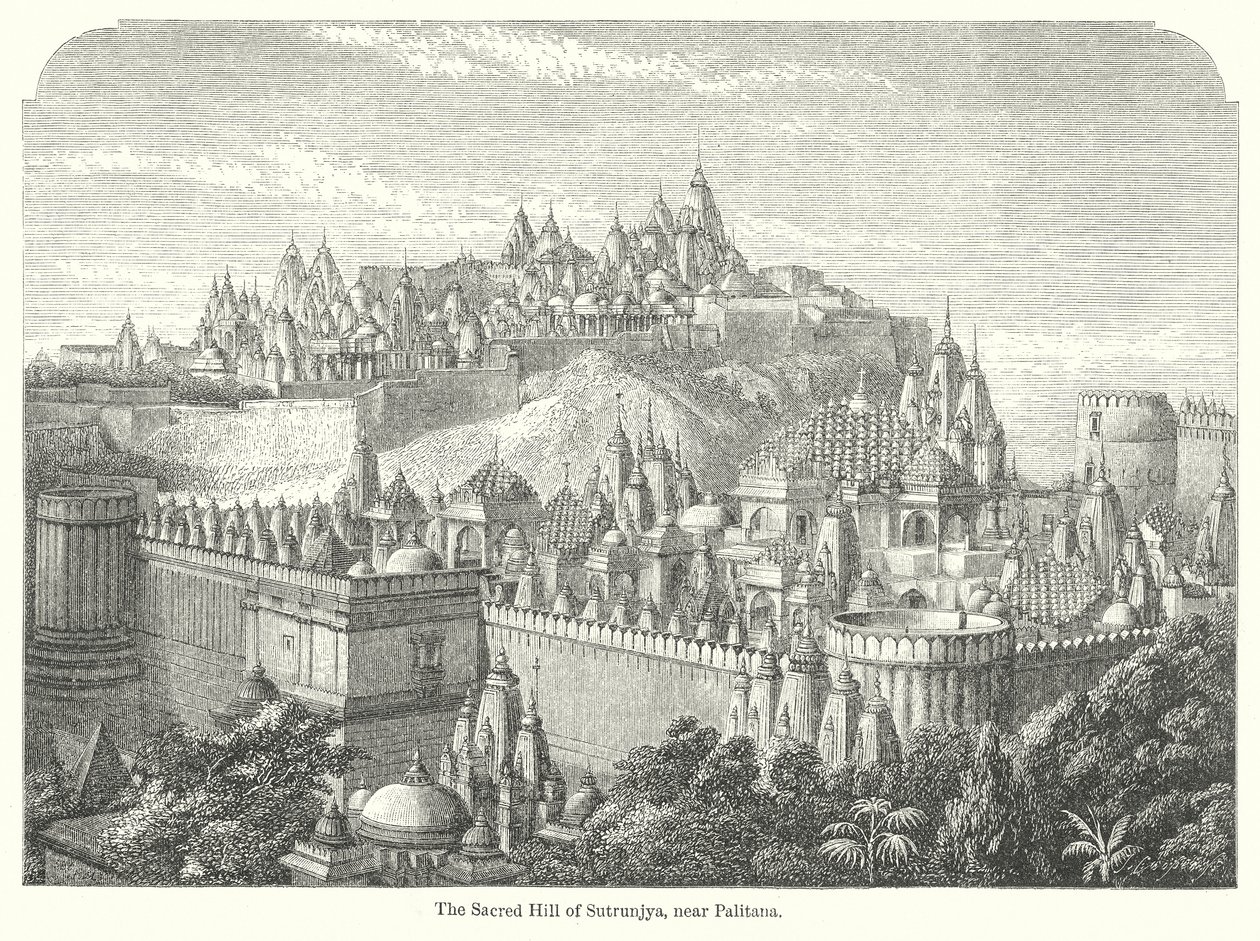 Den heliga kullen Sutrunjya, nära Palitana (gravyr) av English School