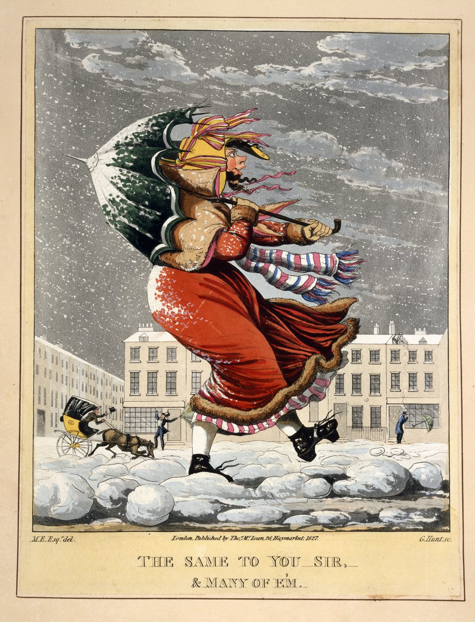 Samma till dig, herrn och många av Em, graverad av G. Hunt, pub. Thos. McLean, London, 1827 (handfärgad gravyr) av English School