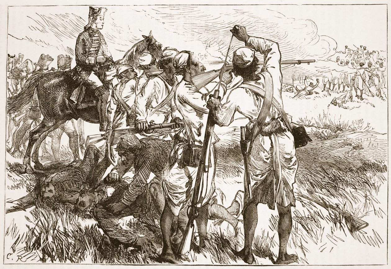The Sepoys at Buxar, illustration från Cassells Illustrated History of India av James Grant, pub. 1879 av English School