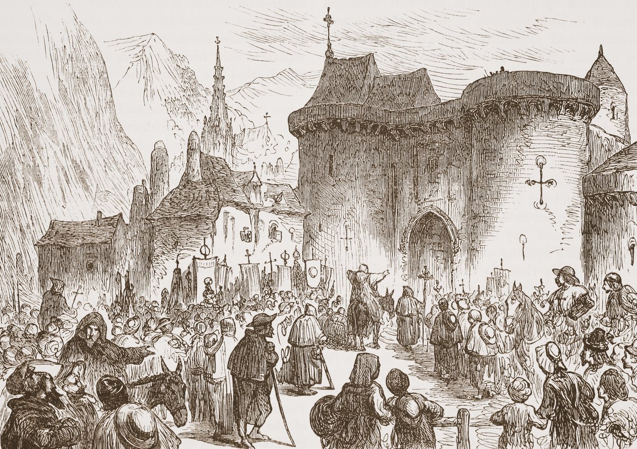 Sham-pilgrimerna vid porten till Genève, illustration från The History of Protestantism av James Aitken Wylie (1808-1890), pub. 1878 av English School
