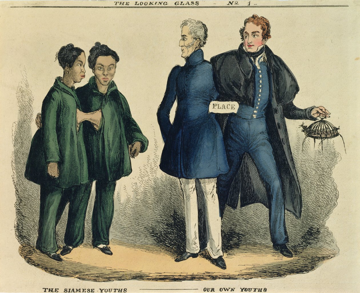The Siamese Youths - Our Own Youths, satirisk serie från The Looking Glass, ca 1829 (färgad etsning) av English School