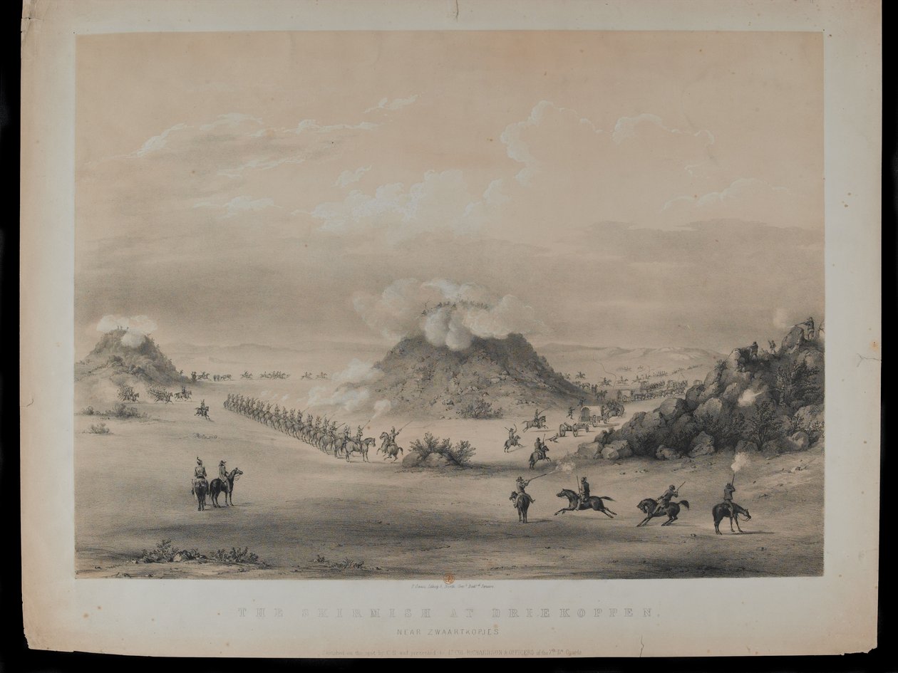 Skirmish vid Driekoppen, nära Zwaartkopjes, 1845, graverad av Paul Gauci (1834-66), publicerad ca 1845 av English School