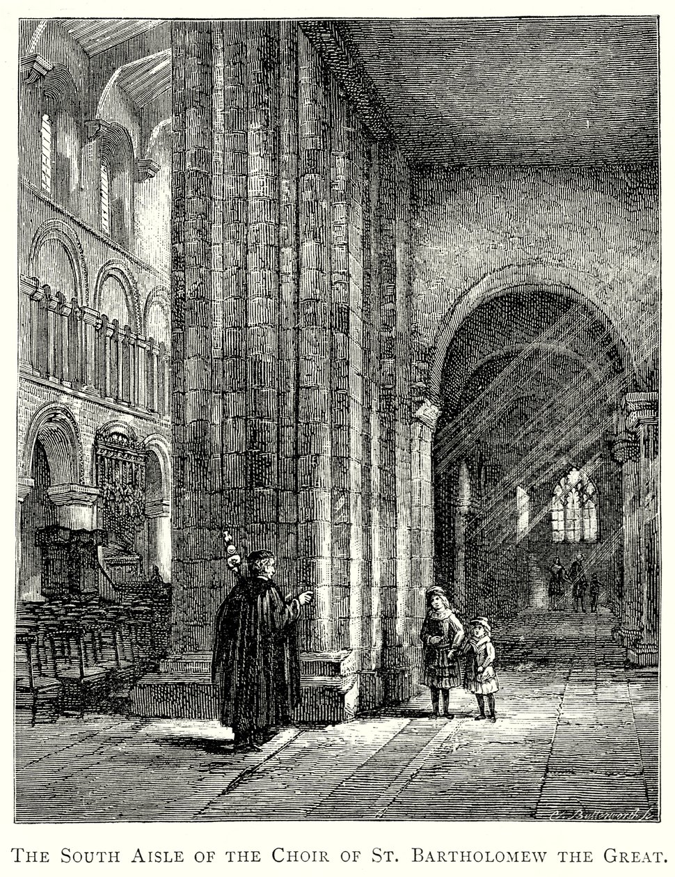 Södra sidoskeppet i koret i St Bartholomeus den store (gravyr) av English School