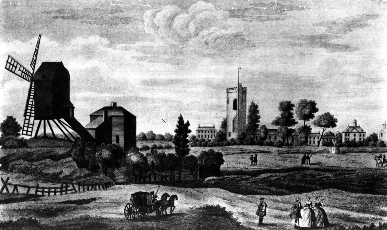 The South View of Barnes, tryckt av Henry Overton av English School