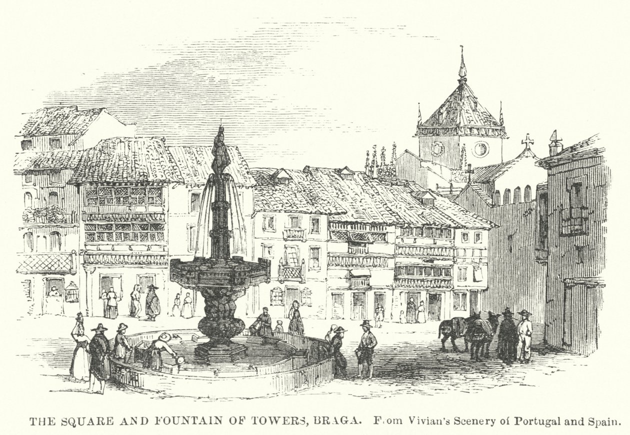 Torget och tornfontänen, Braga (gravyr) av English School