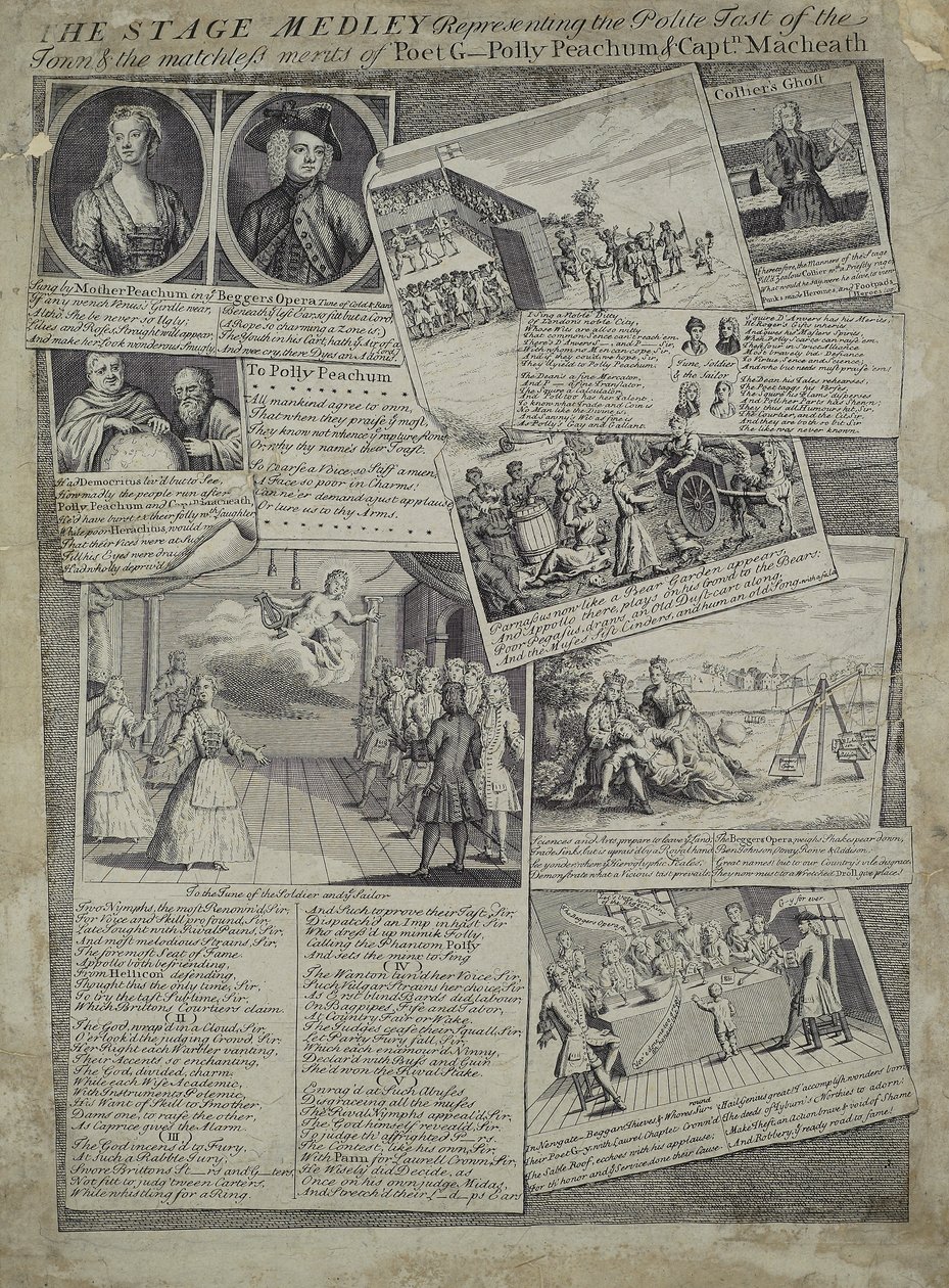 Scenmedley som representerar stadens artiga smak och de makalösa förtjänsterna hos poeten G., Polly Peachum och kapten Macheath, ca 1728 av English School