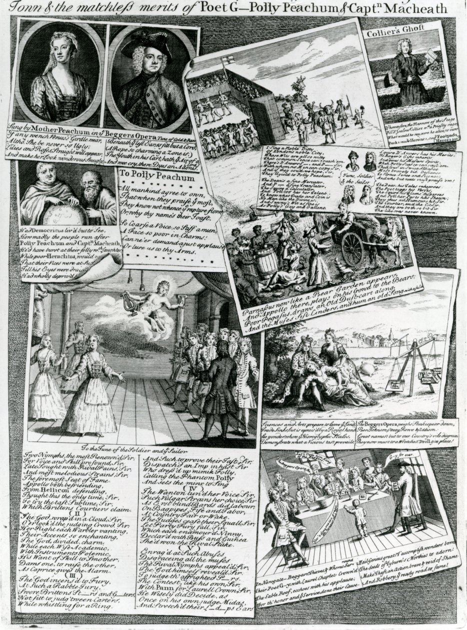 Scenmedley som representerar stadens artiga smak och de makalösa förtjänsterna hos poeten G., Polly Peachum och kapten Macheath, ca 1728 av English School