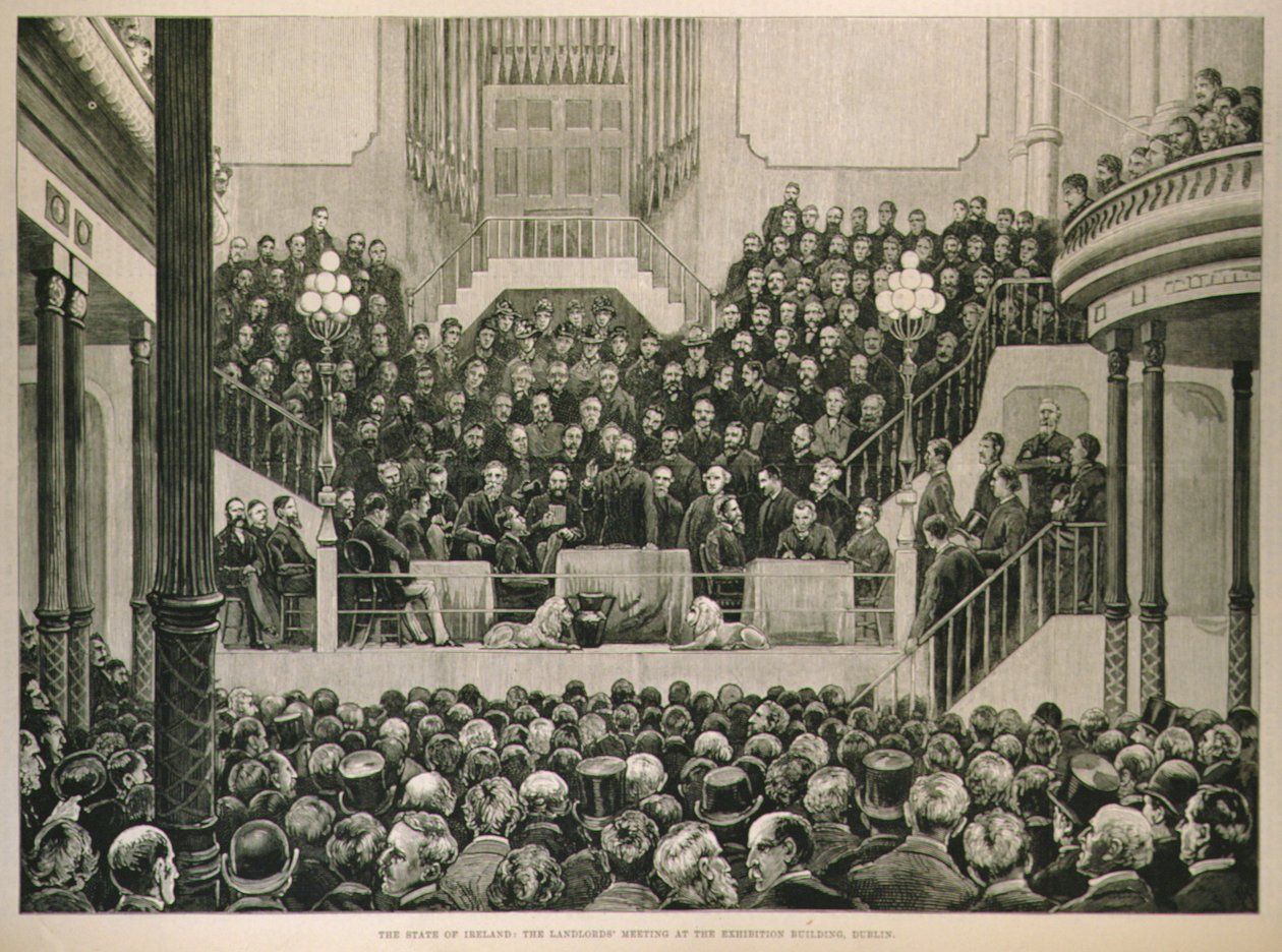 The State of Ireland: The Landlords Meeting at the Exhibition Building, Dublin, från The Illustrated London News, 14 januari 1882 av English School