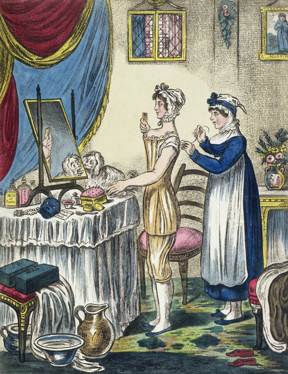The Stays, skylt 1 från The Progress of the Toilet, c.1810 av English School