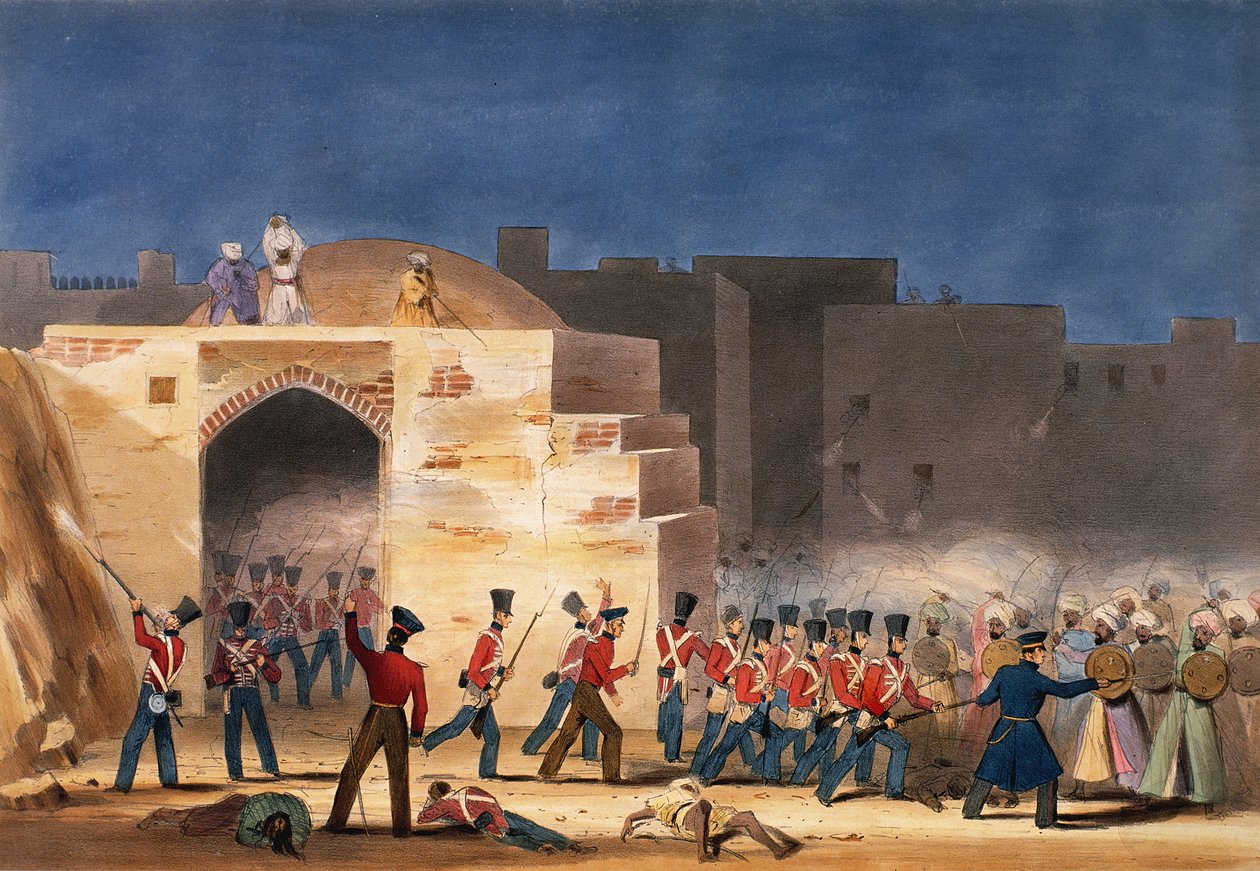 Stormen av Ghuznee, inifrån vy av Gateway 1839, första afghanska kriget av English School