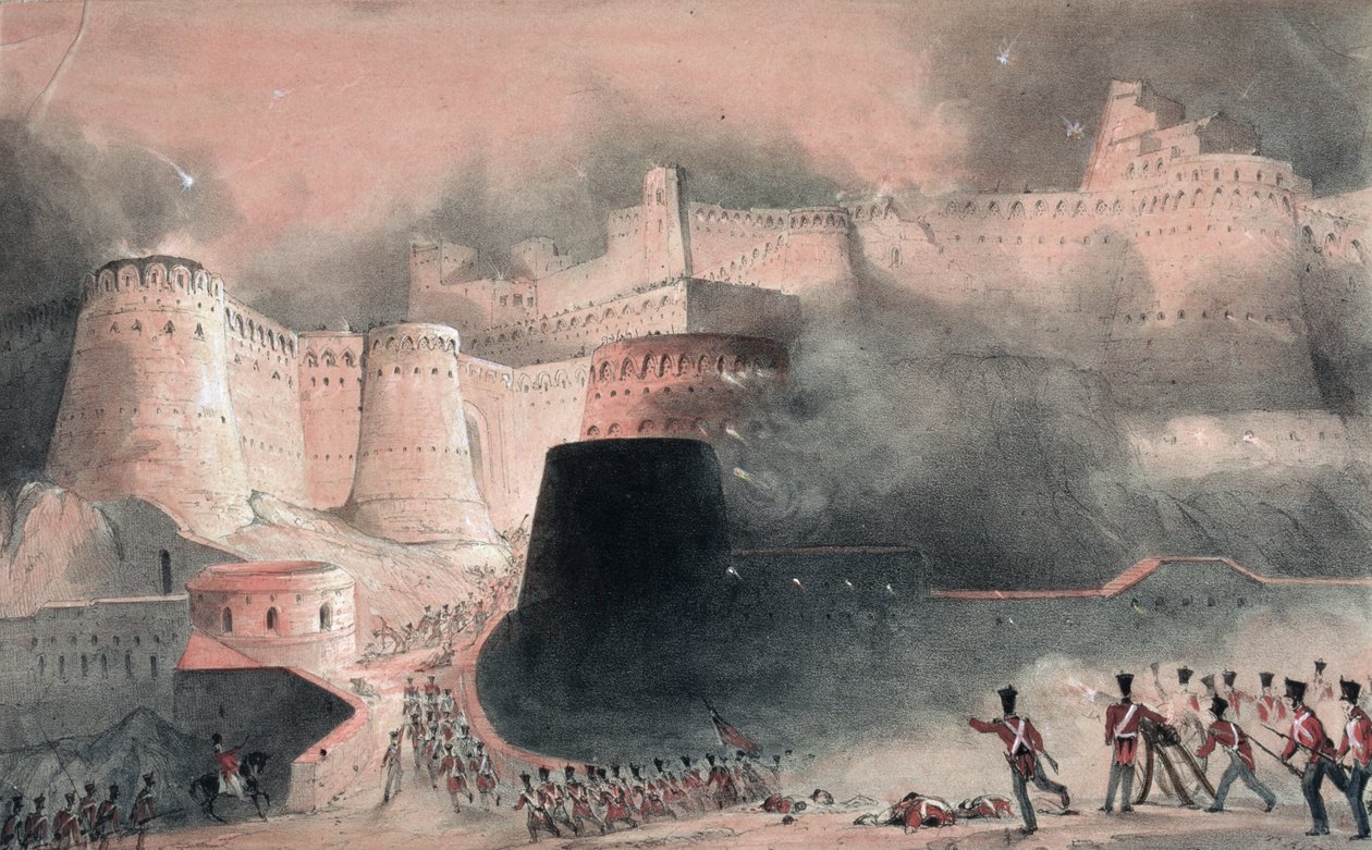 Stormen av Kabulporten 1839 (wc & penna på papper) av English School