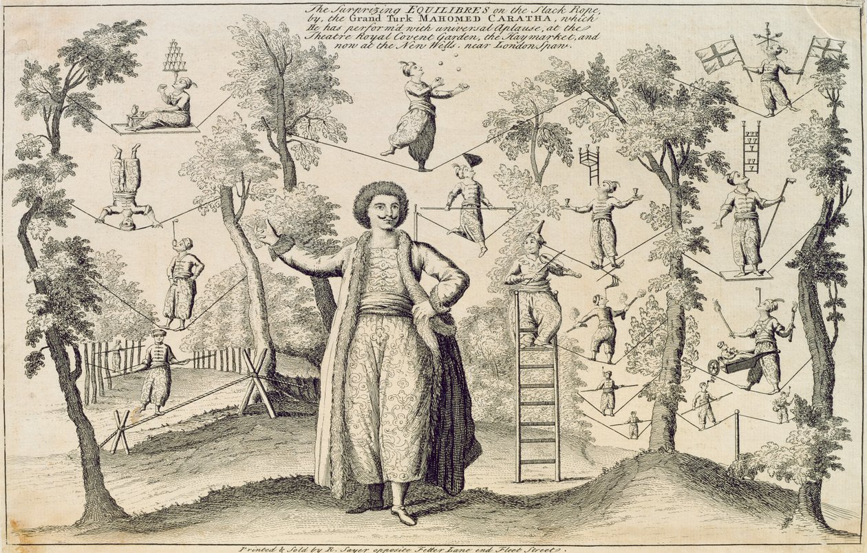 The Surprising Equilibres on the Slack Rope av Grand Turk, Mahomed Caratha, tryckt av Robert Sayer (fl.1750-80) av English School