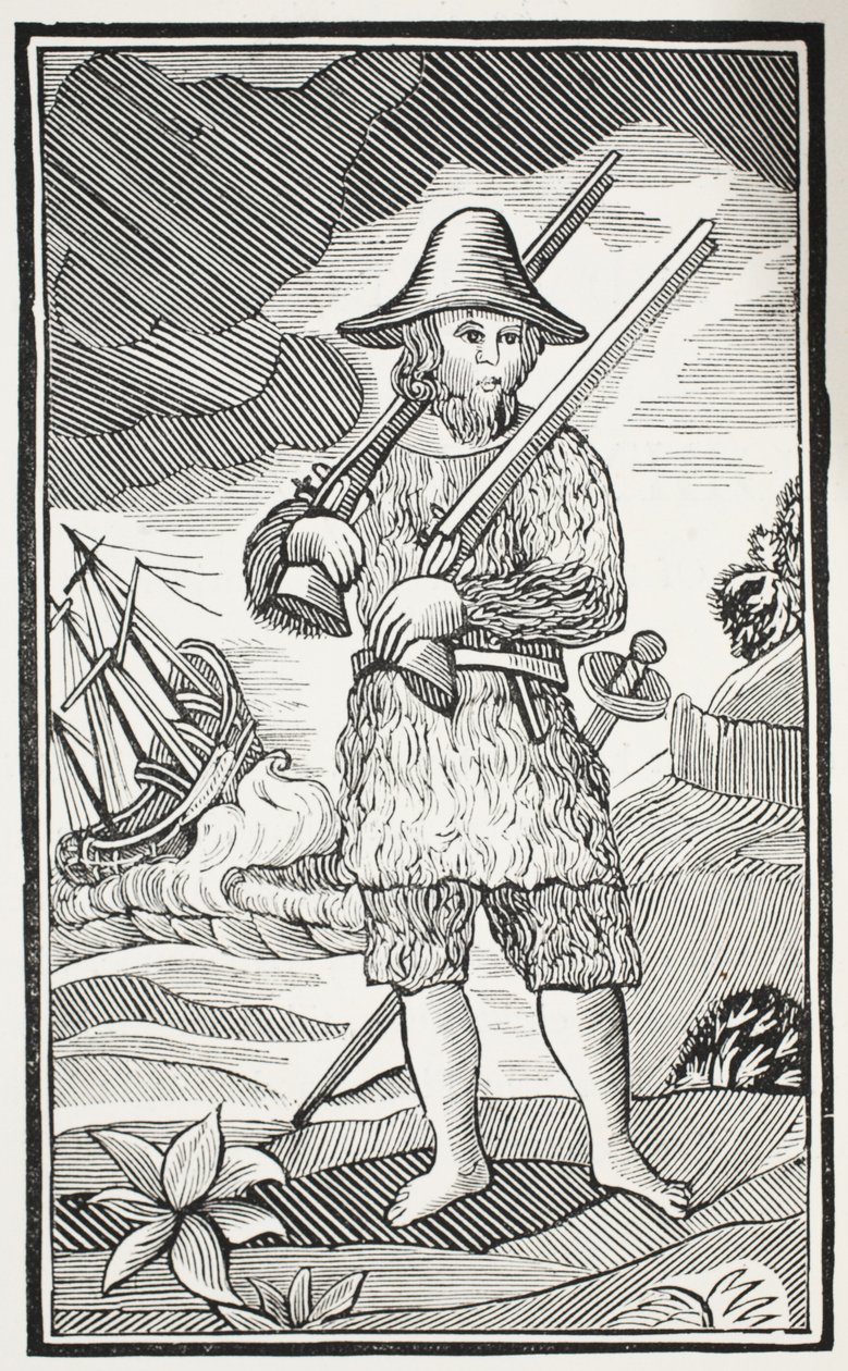 The Surprising Life and most Strange Adventures of Robinson Crusoe of the City of York, Mariner, illustration från Chap-books of the Eighteenth Century av John Ashton, pub. 1882 av English School