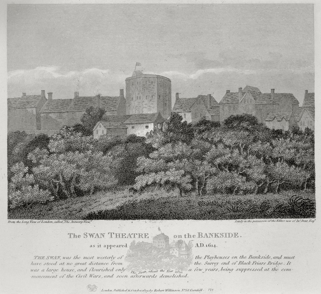 The Swan Theatre on the Bankside som den såg ut 1614, publicerad 1809 av English School