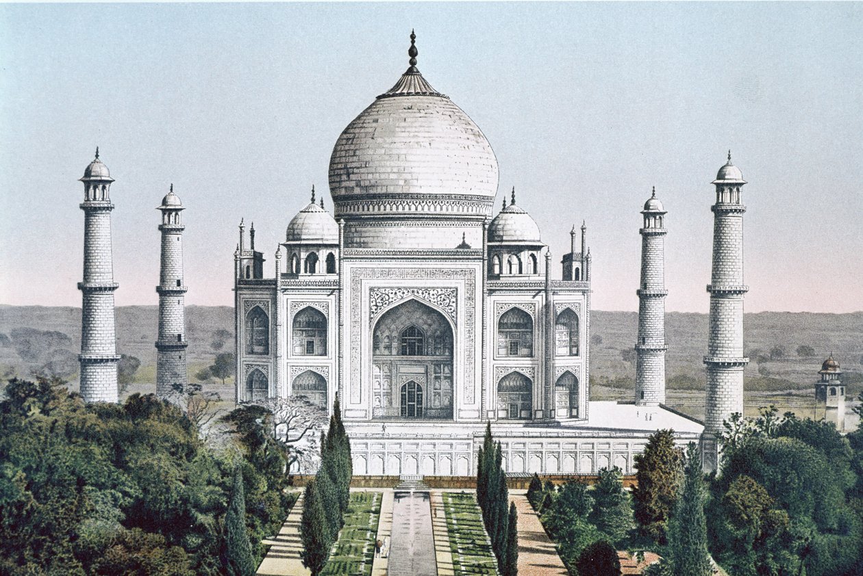 Taj Mahal i Agra (färg litho) av English School