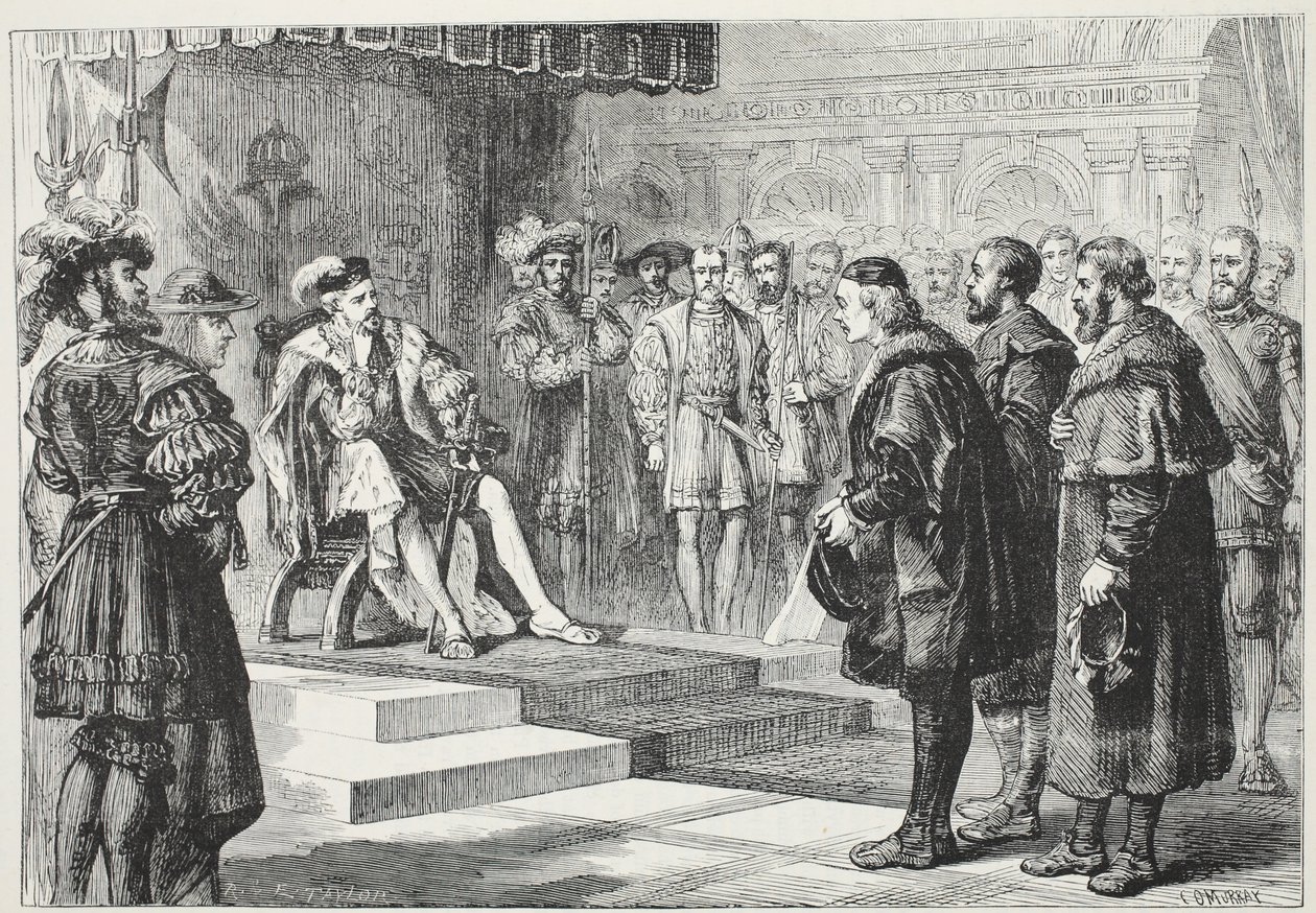 De tre protestantiska ambassadörerna före kejsaren Charles, illustration från The History of Protestantism av James Aitken Wylie (1808-1890), pub. 1878 av English School