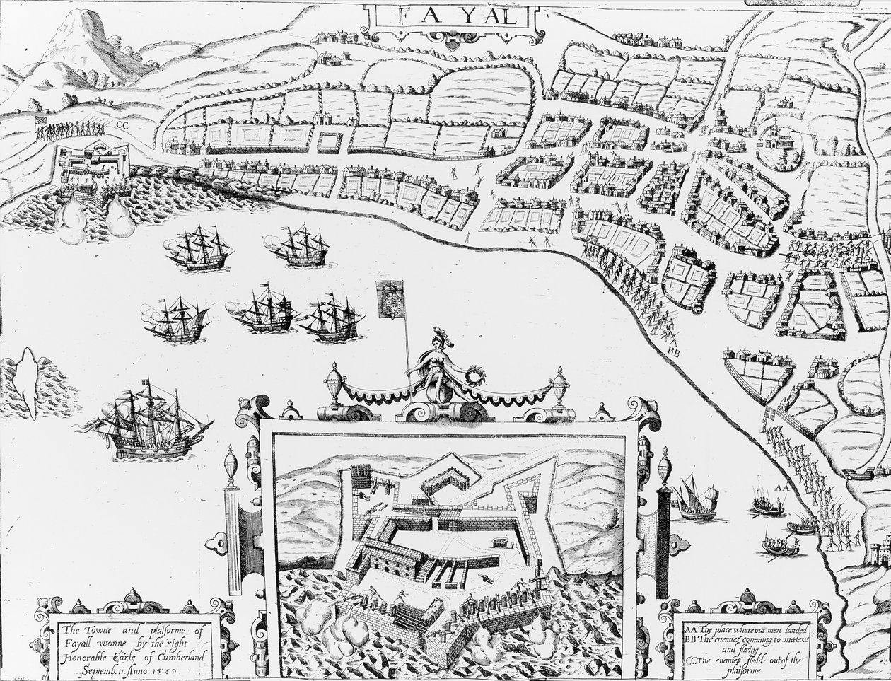 The Towne and Platforme of Fayall vundet af den højre ærede Earle of Cumberland, 2. september 1589 swed av English School