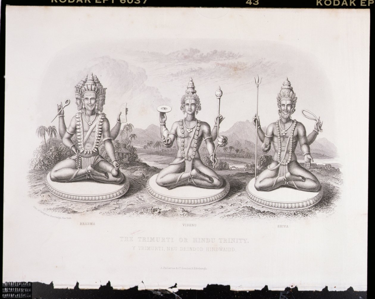 Trimurti eller hinduisk treenighet, graverad av A. Thorn, från World Religion, utgiven av A. Fullarton & Co. av English School