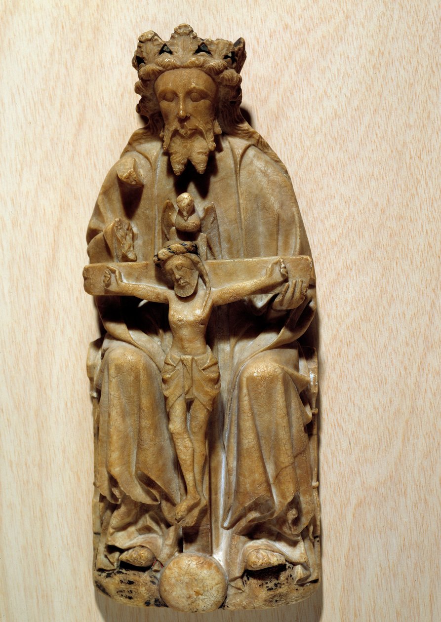 Treenigheten Gud frestade sin son Jesus på korset. Skulptur i albatre av Engelska skolan. 1400-talets Paris, Nationalmuseet för medeltiden, Thermes de Cluny av English School