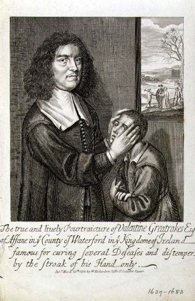 Den sanna och livliga karikatyren av Valentine Greatrakes Esq. (1629-1683) pub. av W. Richardson, London av English School