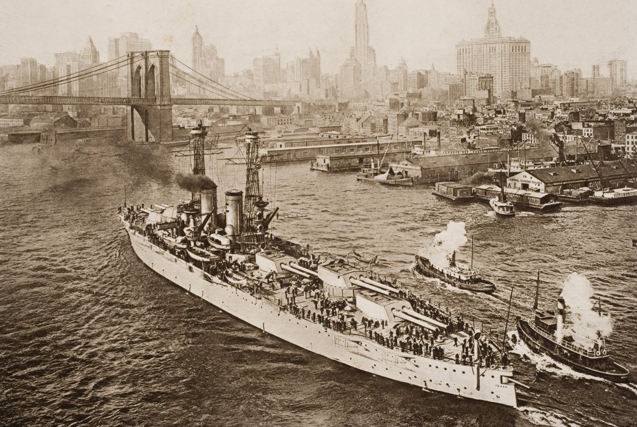 United States Battleship, Texas, på väg från New York Harbour, illustration från 