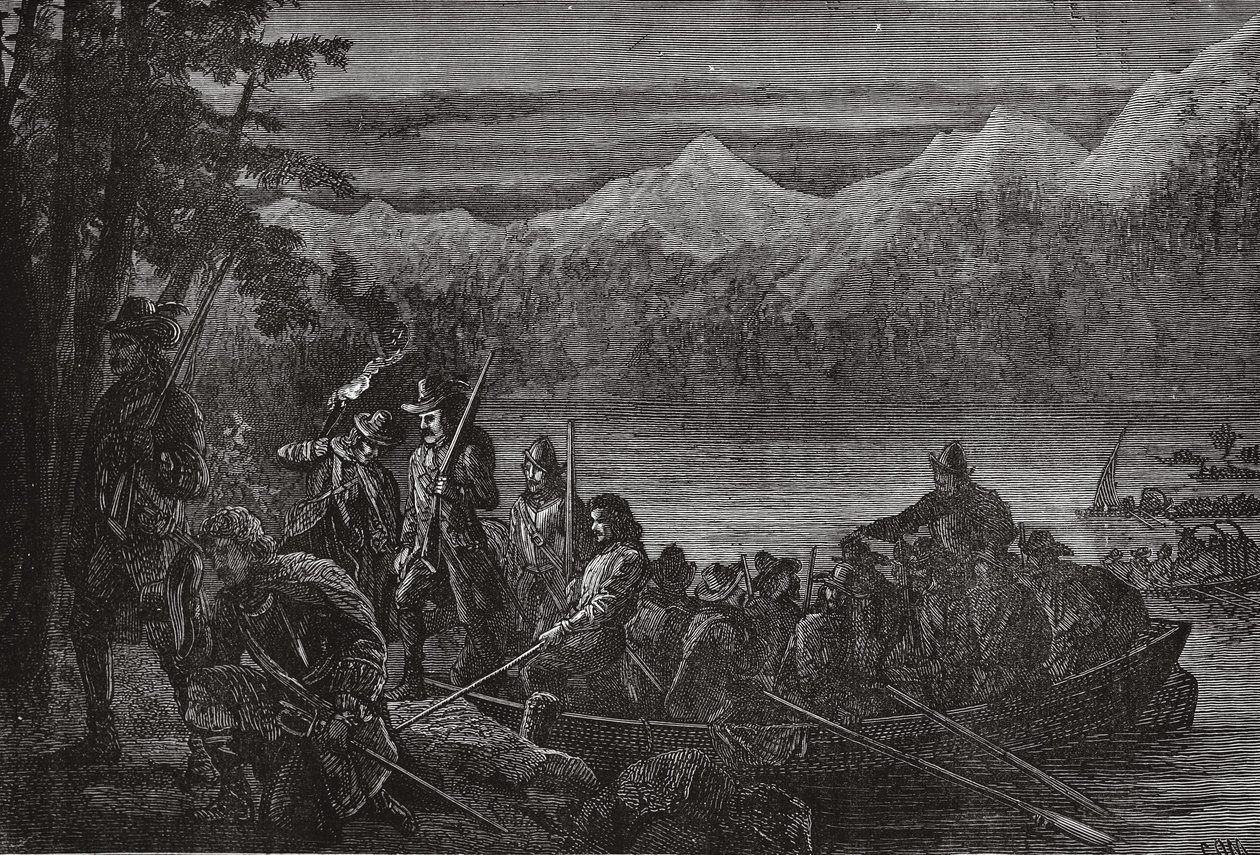 Vaudoisen korsar sjön Leman på natten, illustration från The History of Protestantism av James Aitken Wylie (1808-1890), pub. 1878 av English School