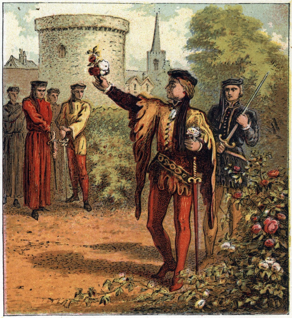 The War of the Two Roses (1455-1485): början på konflikten. En Lord of the Royal House of York plockar en vit ros och en annan från Royal House of Lancaster plockar en röd ros. Illustration av det engelska inbördeskriget som föddes av avdelningen av su av English School