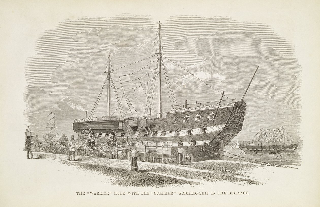 The Warrior Hulk with the Sulphur Washing-Ship in the Distance, från The Criminal Prisons of London and Scenes of Prison Life av Henry Mayhew (1812-87) och John Binny, 1862 av English School